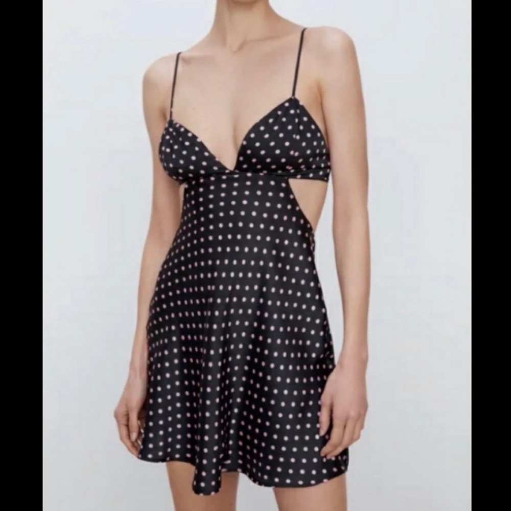 ZARA black dress with pink polka dots